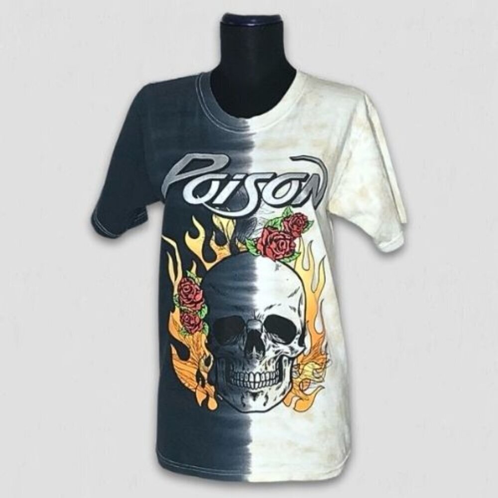 Poison Band Graphic Tee Y2K Grunge Tie Dye Gray Cream Size Small